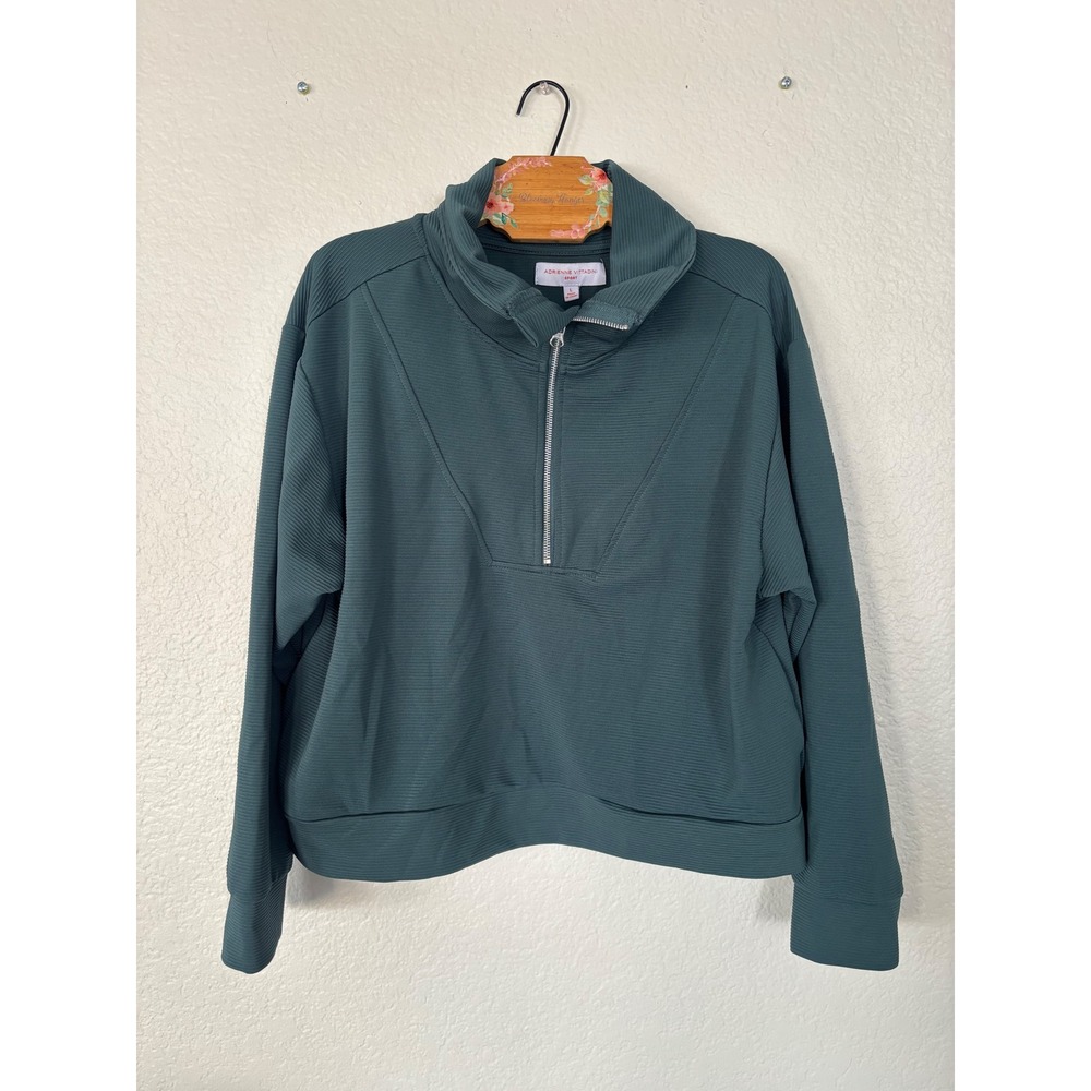 Adrienne Vittadini Sport Pullover Size L Teal Ribbed Quarter Zip Mock Neck
